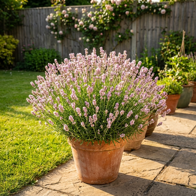 Lavender ‘English Pink’ (Lavandula angustifolia) in a terracotta pot on a sunny patio, with garden and wooden fence behind. This drought-tolerant lavender adds beauty and fragrance to your outdoor space.