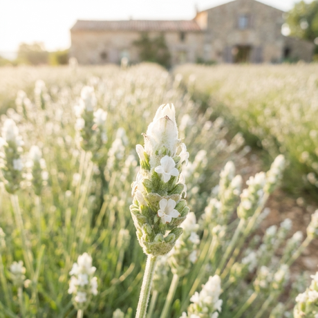 Close-up of drought-tolerant Lavender ‘French White’ (Lavandula dentata) blooming in a sunlit field, with a blurred building in the background.