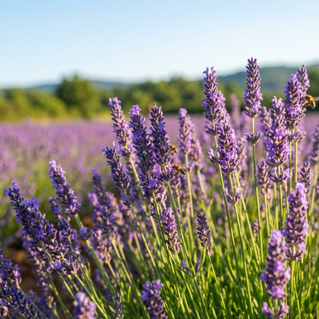Close-up of blooming Lavender ‘Asa Blue’ (Lavandula angustifolia) with violet-blue flower spikes in a field, framed by trees and hills under a clear sky.