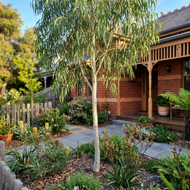 Lemon Scented Gum (Corymbia citriodora) and other native plants grow in a garden outside a red-brick house with a wooden porch.