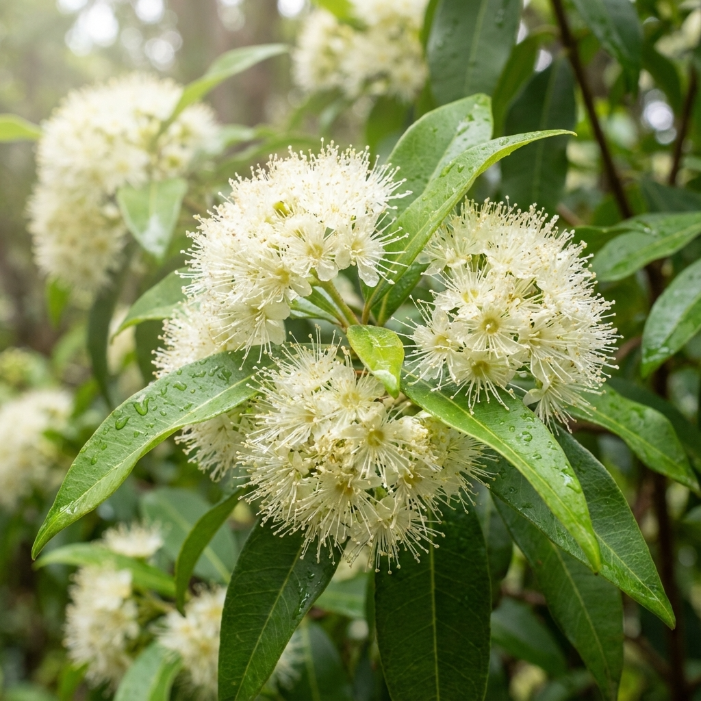 Clusters of round, white fluffy flowers with long stamens and glossy green leaves adorn the Lemon Scented Myrtle (Backhousia citriodora), an Australian native tree prized for its fragrant foliage.