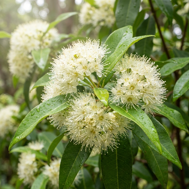 Clusters of round, white fluffy flowers with long stamens and glossy green leaves adorn the Lemon Scented Myrtle (Backhousia citriodora), an Australian native tree prized for its fragrant foliage.
