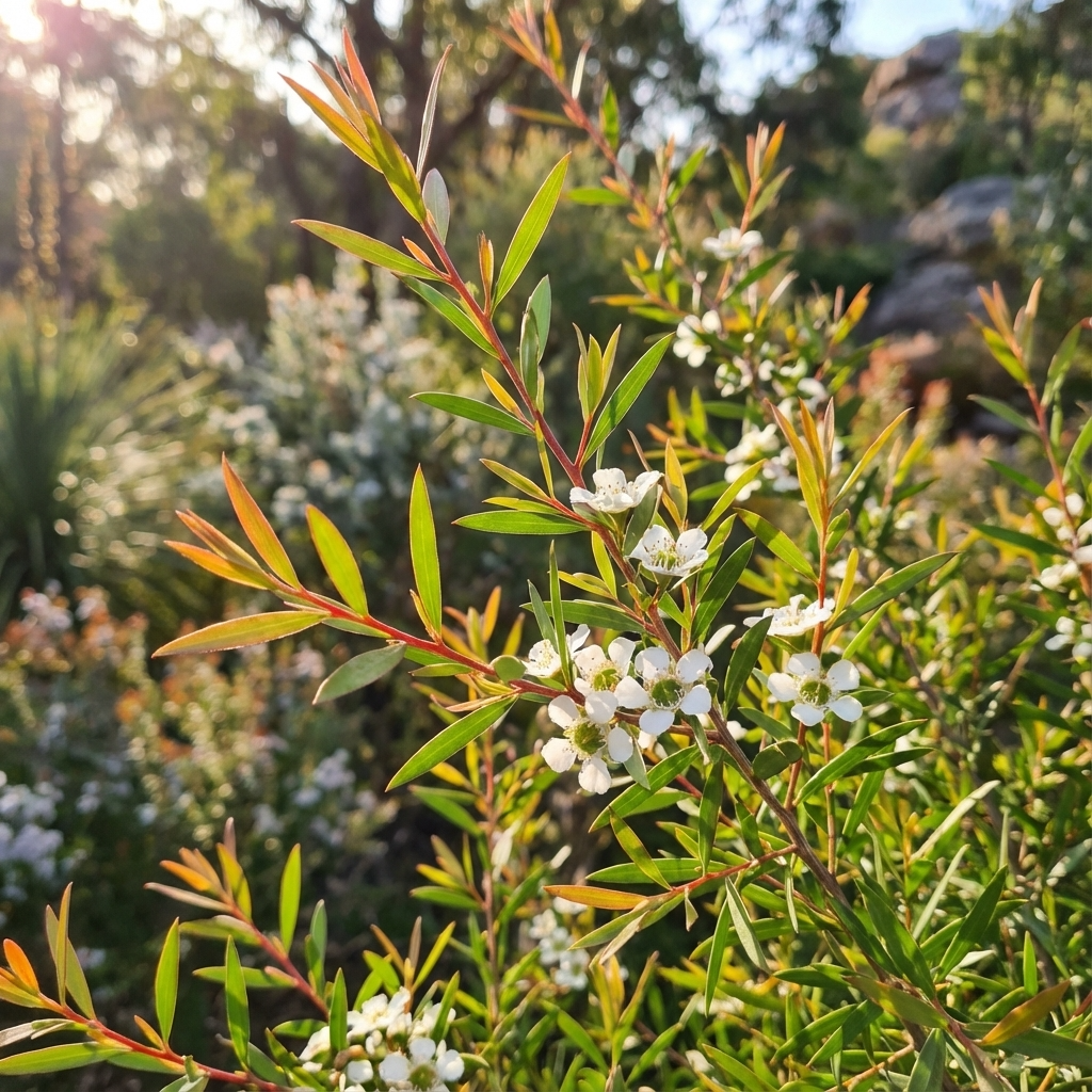 Close-up of green foliage and tiny white flowers in sunlight, highlighting the fragrant Lemon Scented Tea Tree (Leptospermum petersonii) hedge against a softly blurred natural backdrop.