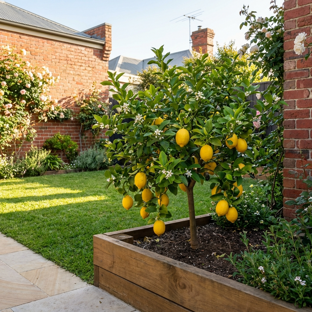 A Lemonicious Lemon Tree (Citrus limon 'Lemonicious') with ripe lemons grows in a raised garden bed in a sunny backyard.