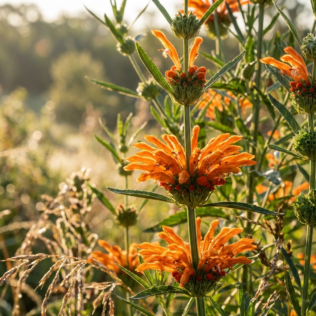 Lion’s Ear - Leonotis leonurus features orange blooms on tall green stems, thriving in sunlight. This drought-tolerant plant brings vibrant color to sunny gardens.