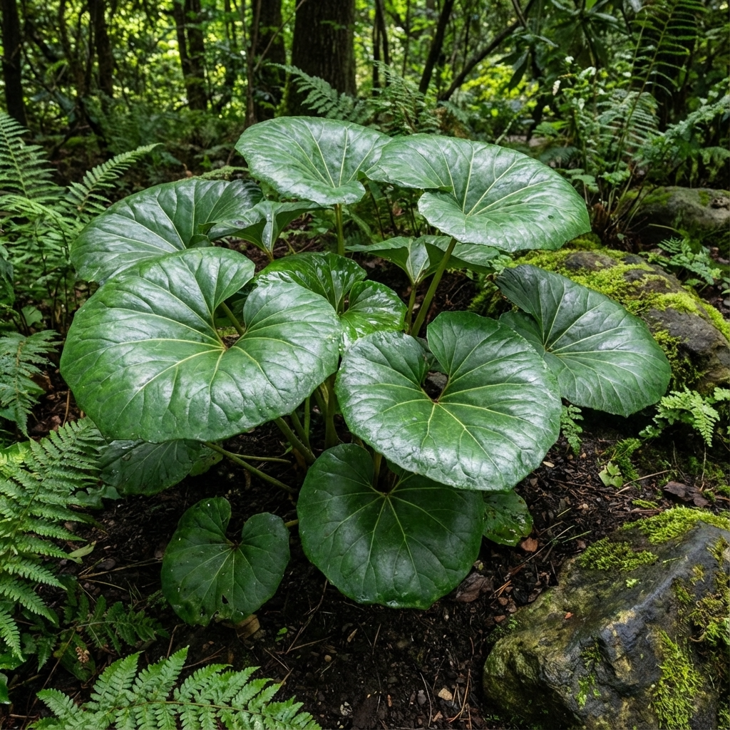 The large, glossy, round green leaves of Ligularia 'Pandora' (Leopard Plant) thrive among ferns, making this shade-loving perennial a standout feature in any shaded garden.