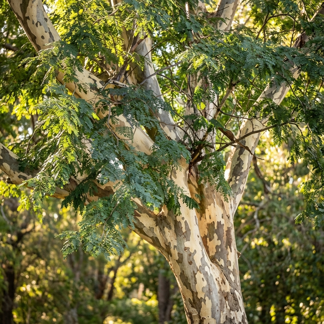 A sunlit forest features a drought-tolerant Leopard Tree—Caesalpinia ferrea—with patchy, multicolored bark and green leaves.