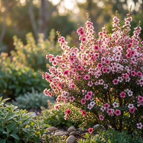 Tea Tree - Leptospermum ‘Ballerina’ is a shrub that produces clusters of small pink flowers, adding vibrant color to gardens with greenery and rocks.