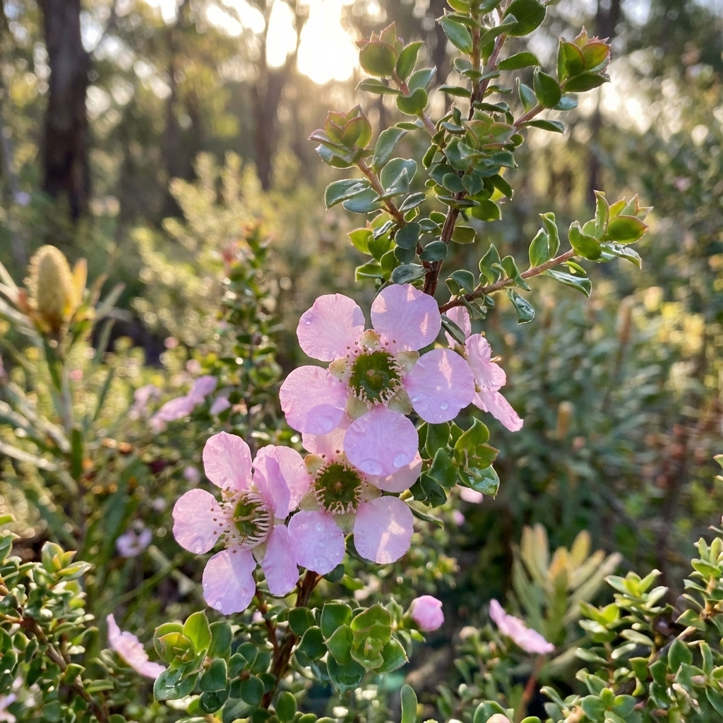 Pink flowers with dew on green stems bloom in sunlight atop the compact Tea Tree - Leptospermum ‘Julie Ann’, a beautiful groundcover shrub perfect for natural, leafy outdoor settings.