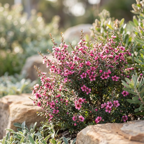 Tea Tree - Leptospermum ‘Kiwi’ is a compact shrub with clusters of tiny pink flowers, ideal for brightening up rocky, sunlit gardens.