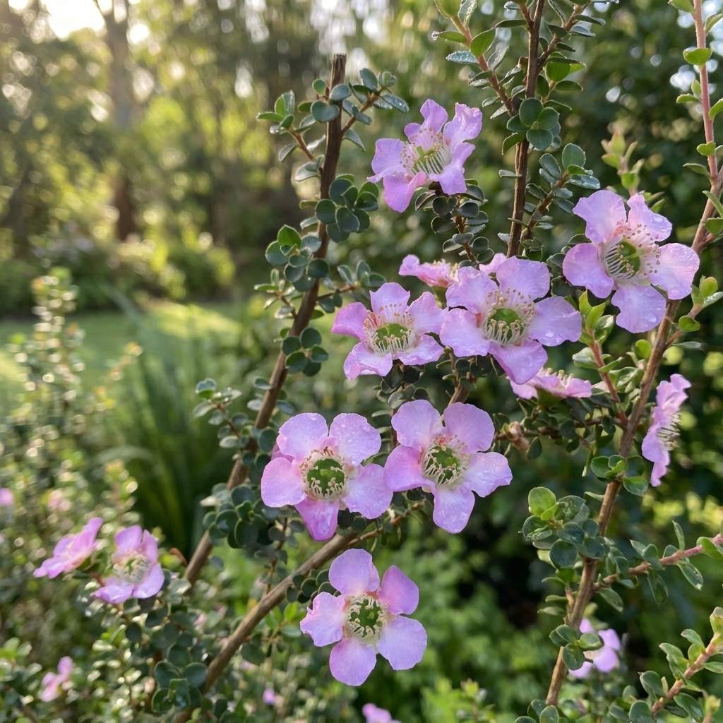 Close-up of delicate pink flowers blooming on Tea Tree - Leptospermum ‘Lavender Queen’, a drought-tolerant shrub, in a sunlit garden.