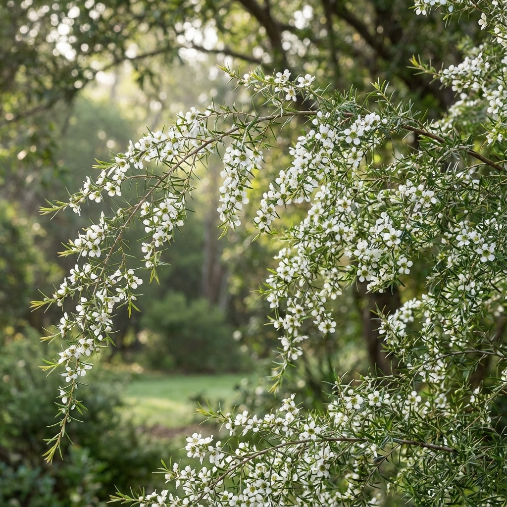 A branch of Lemon Frost Leptospermum - Leptospermum 'Lemon Frost', an Australian native with small white flowers, blooms in a sunlit green garden.