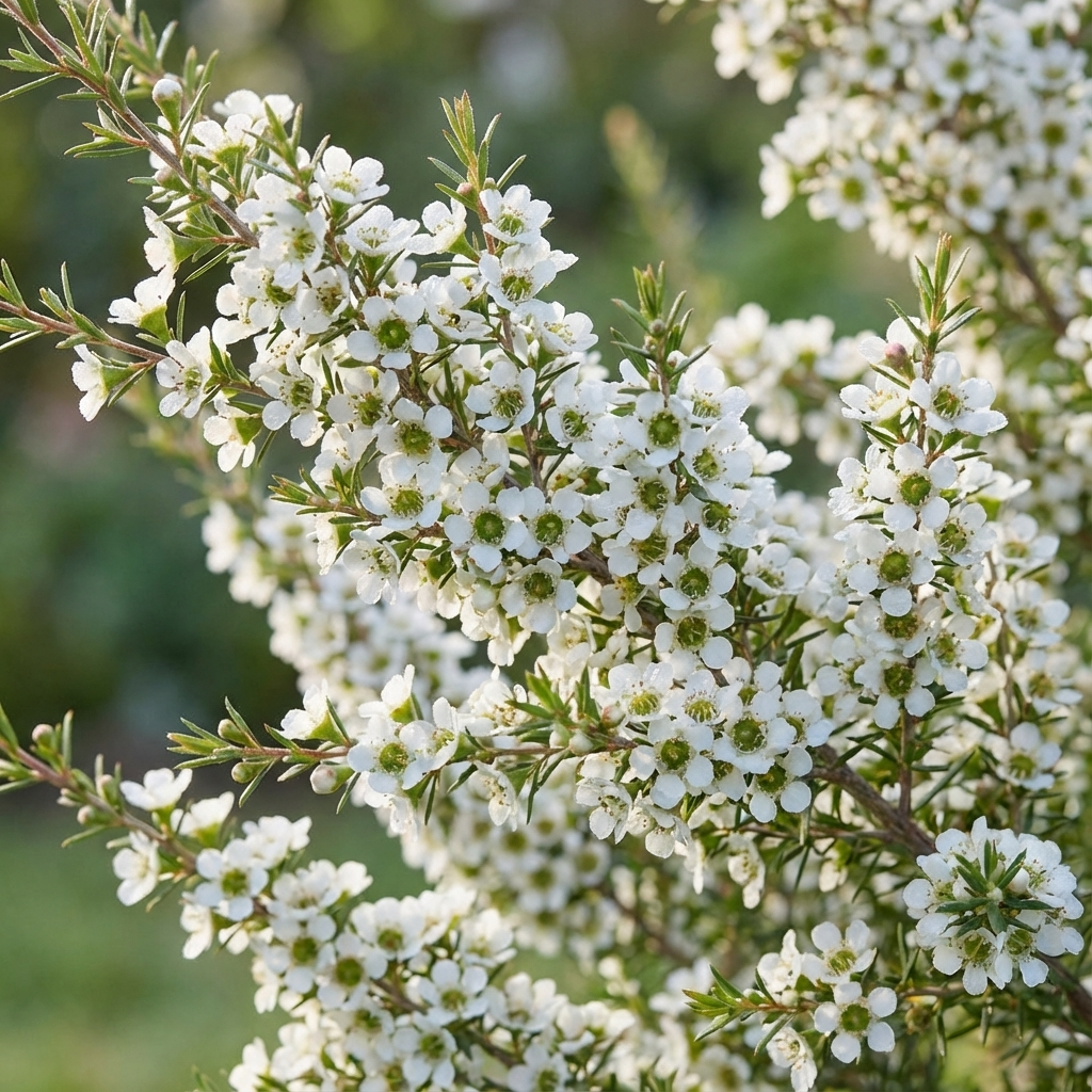 Close-up of Tea Tree - Leptospermum ‘Pacific Beauty’, a pink-flowering shrub with clusters of small white blooms and green leaves, shown in bright outdoor light.