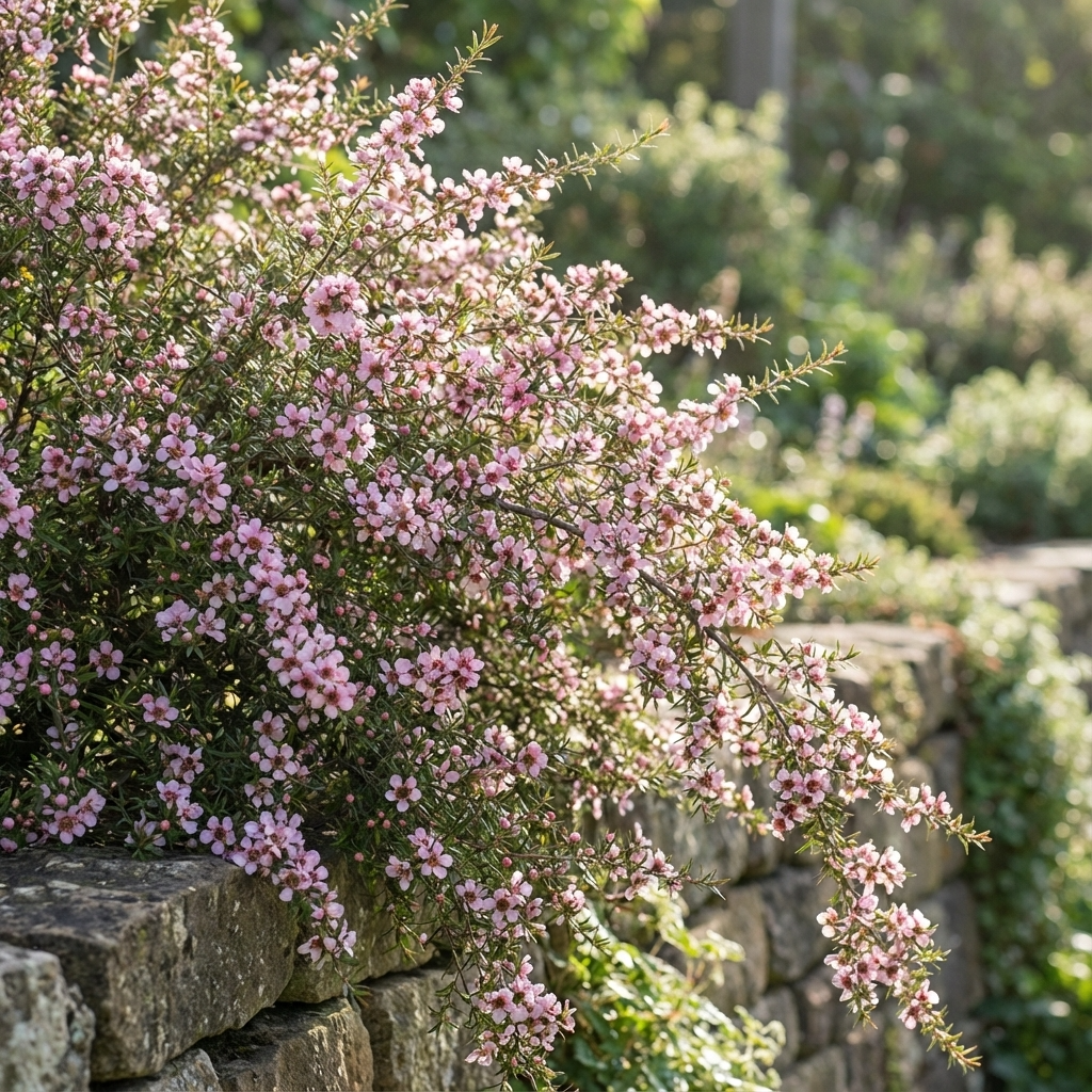 The Pink Cascade Tea Tree (Leptospermum 'Pink Cascade') is a weeping shrub with small pink flowers that cascade over walls, adding beauty and drought tolerance to sunlit gardens.