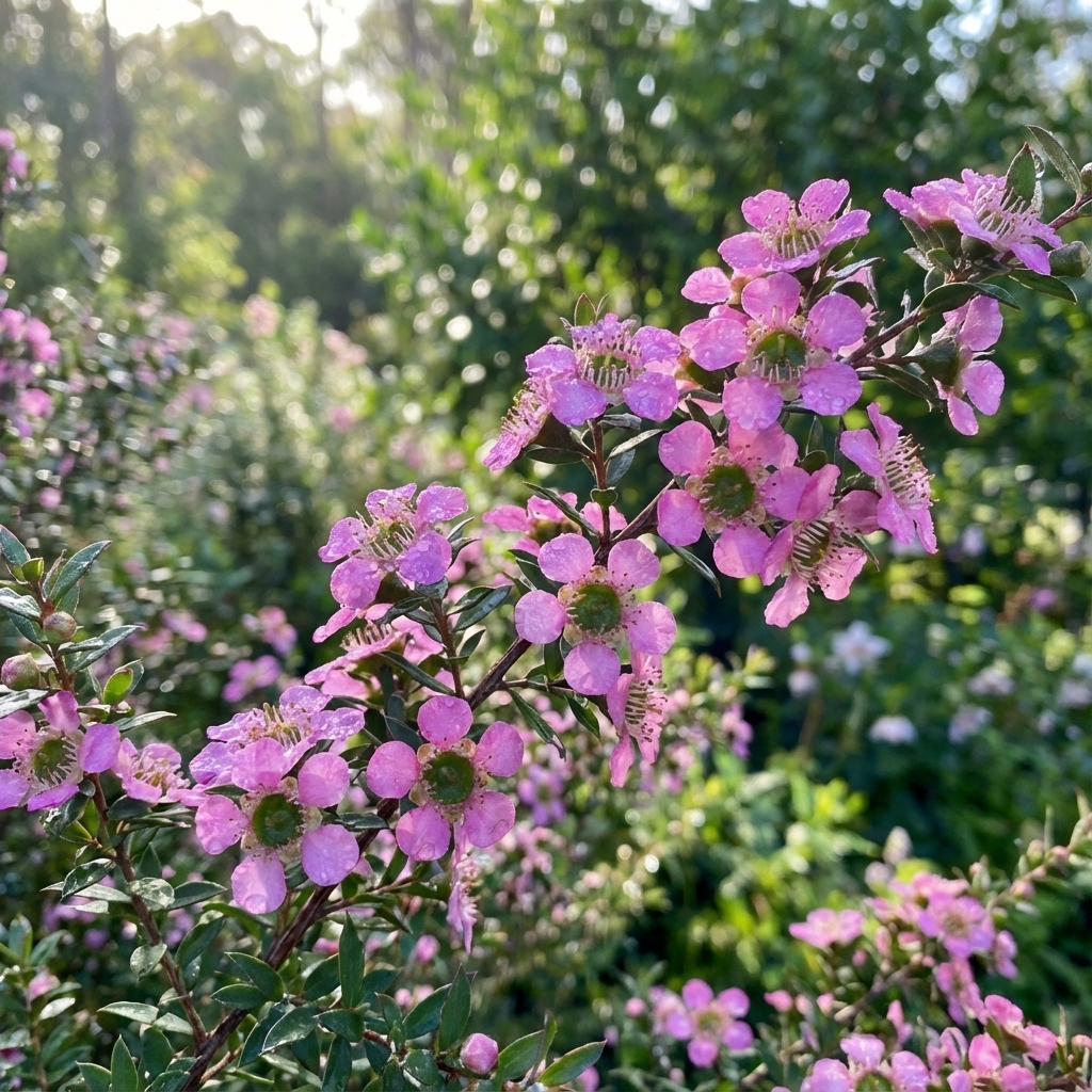 Tea Tree - Leptospermum ‘Seclusion’ features pink flowers and small green leaves in sunlight, making it an ideal privacy plant for any garden.