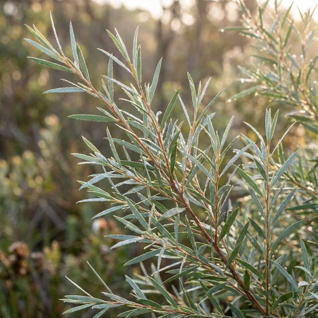 Close-up of fresh Tea Tree - Leptospermum 'Silver' leaves on a branch, with blurred greenery behind. This drought-tolerant shrub brings vibrant color to any garden.