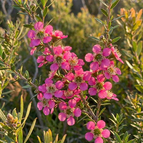 Close-up of Tea Tree - Leptospermum ‘Tickled Pink’, a native shrub, showing its pink flowers blooming on lush green branches in warm sunlight.