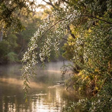 A branch of the Weeping Tea Tree (Leptospermum madidum) arches over a calm, misty river, with lush green trees in gentle sunlight.