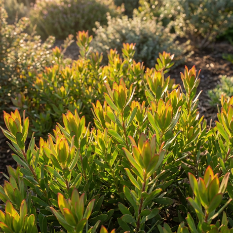 Leucadendron ‘Devils Blush’ is a drought-tolerant shrub with green foliage and bold reddish leaf tips, bringing vibrant winter colour to sunny gardens and enhancing surrounding plants.