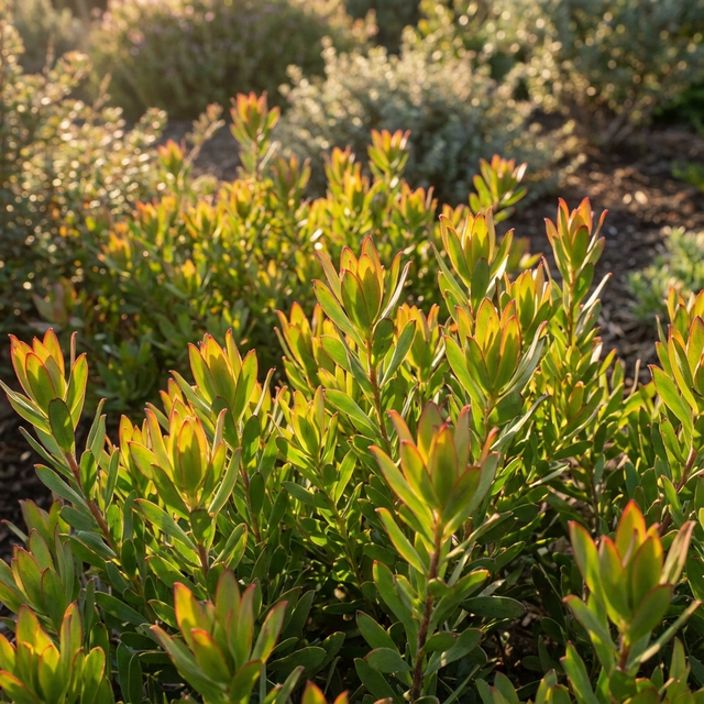 Leucadendron ‘Devils Blush’ is a drought-tolerant shrub with green foliage and bold reddish leaf tips, bringing vibrant winter colour to sunny gardens and enhancing surrounding plants.