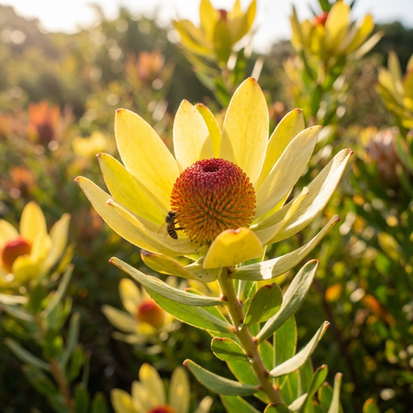 A bee rests on a yellow flower with a red center, surrounded by green leaves and the golden-yellow bracts of Leucadendron ‘Gold Strike’, a drought-tolerant shrub, all illuminated by sunlight.