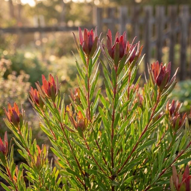 Leucadendron ‘Purple Haze’ is a drought-tolerant shrub featuring narrow leaves and vibrant red-tipped buds, prized for its vivid ornamental foliage in sunny gardens.