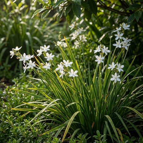 Libertia ‘Shadow Star’ features clusters of white flowers and long green leaves, thriving in a lush, low-maintenance garden and illuminated by sunlight.