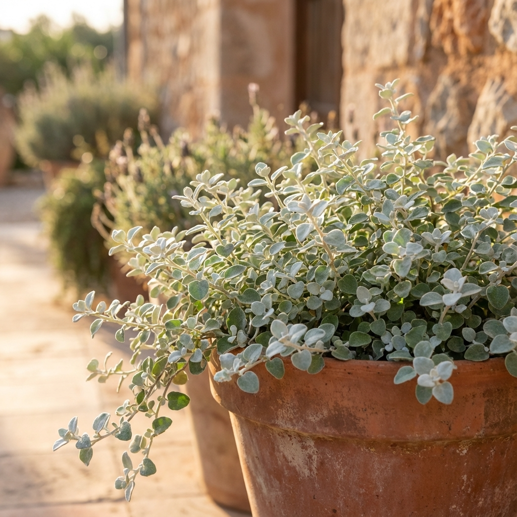 The Licorice Plant (Helichrysum petiolare), prized for its silvery leaves, is displayed in a pot on a sunny stone patio next to a rustic building.