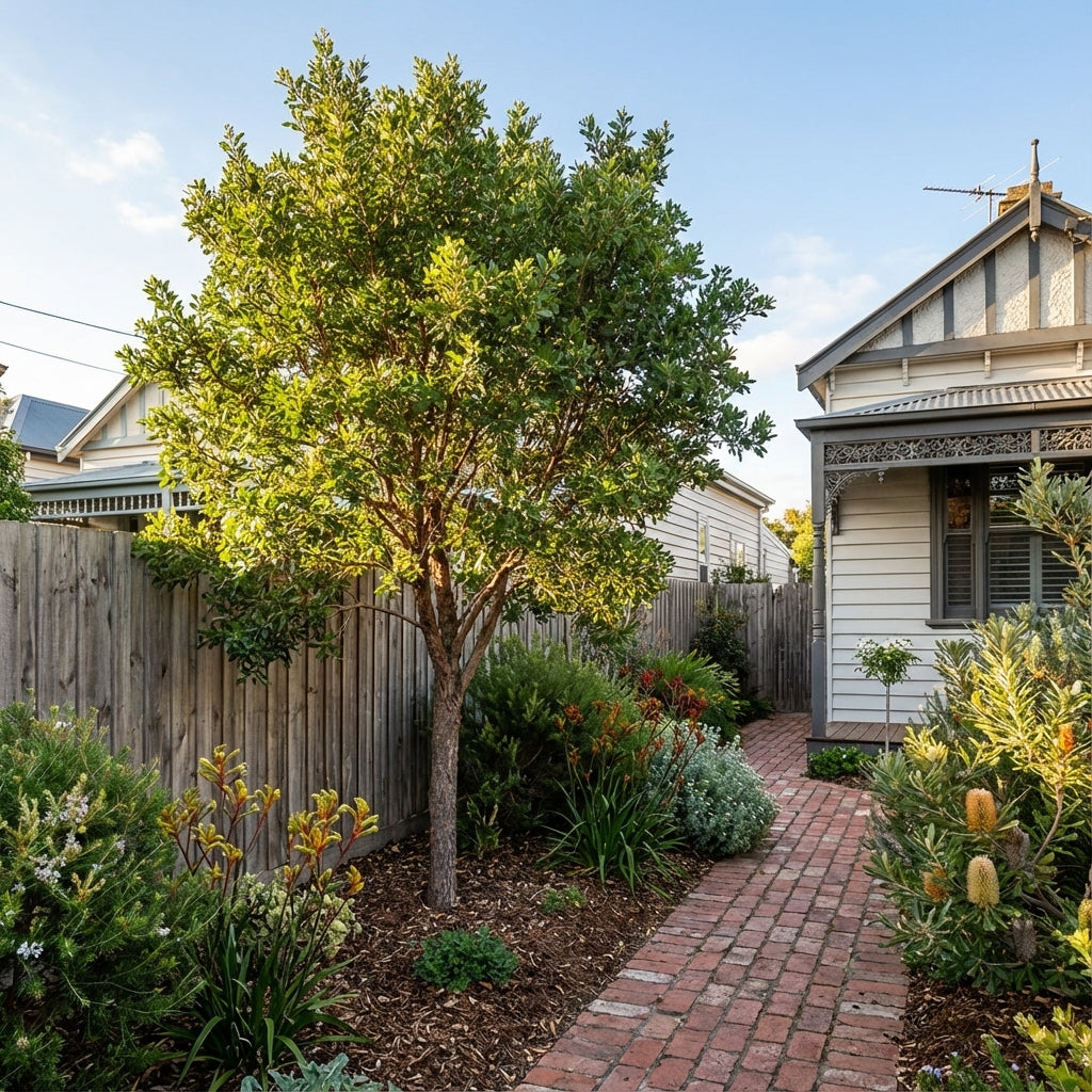 A brick path winds through a garden featuring Lightwood - Acacia implexa, easy-care shrubs, and a white house bordered by a wooden fence.