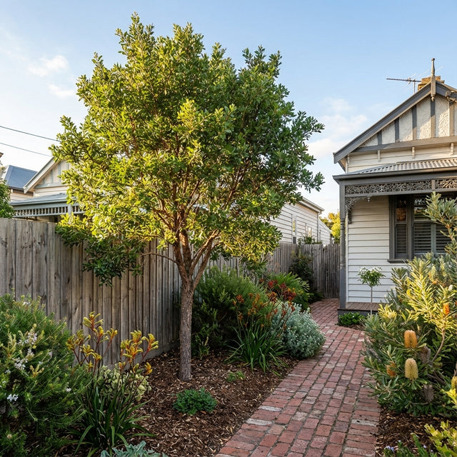 A brick path winds through a garden featuring Lightwood - Acacia implexa, easy-care shrubs, and a white house bordered by a wooden fence.