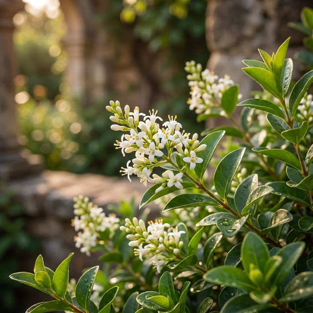 White flowers bloom on the Green Privet - Ligustrum ovalifolium evergreen shrub in a sunlit garden, with stone arches blurred in the background, forming a picturesque natural privacy hedge.
