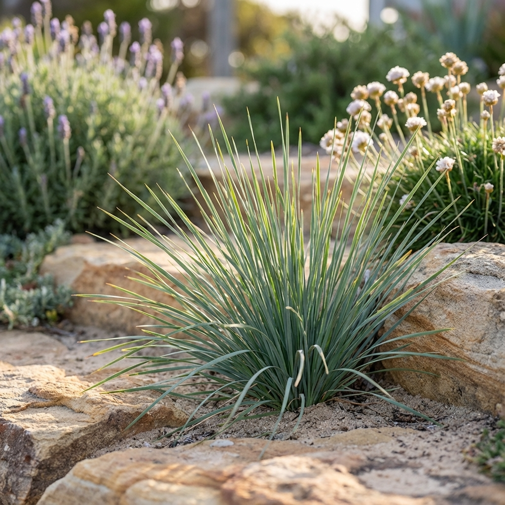 The spiky blue-green foliage of Lil Bluey Lomandra (Lomandra filiformis 'Lil Bluey'), a drought-tolerant grass, grows among rocks and flowering plants in a sunny garden.