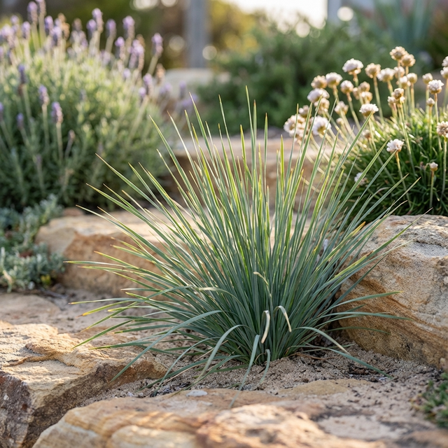 The spiky blue-green foliage of Lil Bluey Lomandra (Lomandra filiformis 'Lil Bluey'), a drought-tolerant grass, grows among rocks and flowering plants in a sunny garden.