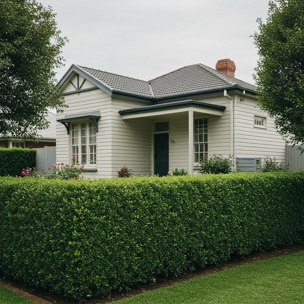 A small white house with a grey roof is bordered by neat green hedges and flowering bushes, featuring a privacy screen of Lilly Pilly Northern Select - Syzygium australe 'Northern Select' for year-round color and evergreen coverage.