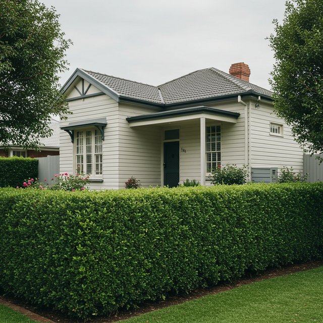 A small white house with a grey roof is bordered by neat green hedges and flowering bushes, featuring a privacy screen of Lilly Pilly Northern Select - Syzygium australe 'Northern Select' for year-round color and evergreen coverage.