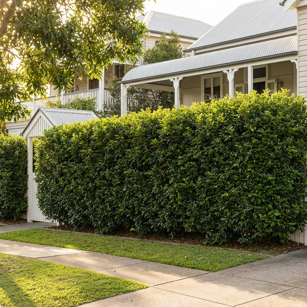 A tall Lilly Pilly Resilience - Syzygium australe 'Resilience' privacy hedge lines the front of a house with a white picket gate and covered porch.