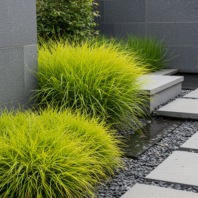 Lime Tuff Lomandra - Lomandra 'Lime Tuff', a low-maintenance grass, grows next to gray stone pavers and black pebbles in this modern garden.