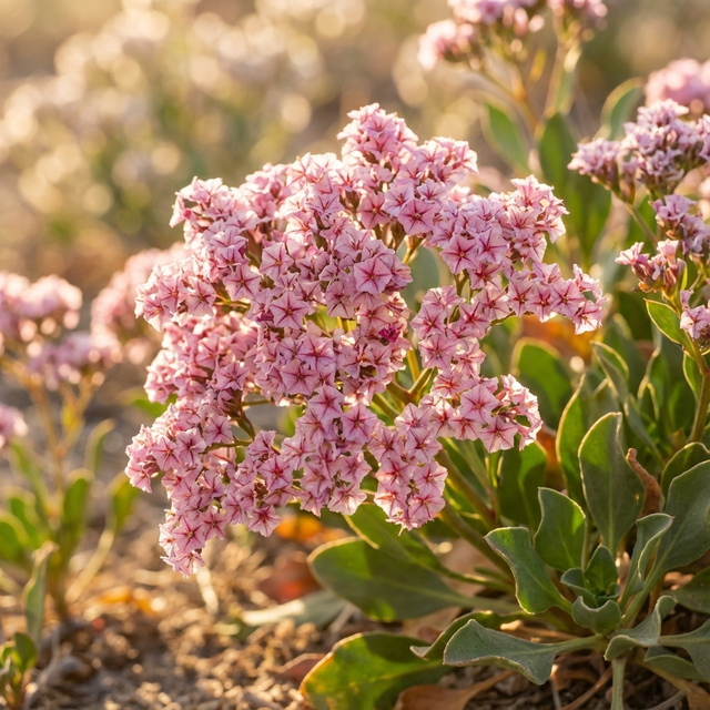 Pink Statice – Limonium Roseum features clusters of small pink flowers and green leaves that thrive in sunlight and sandy soil, making it a drought-tolerant, popular choice for cut flowers.