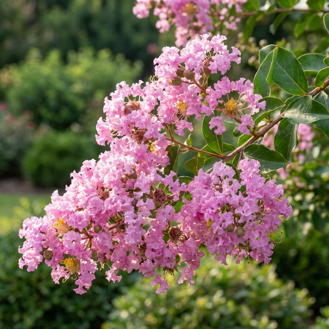 A branch of Lipan Crepe Myrtle - Lagerstroemia 'Lipan', a compact flowering tree, displays clusters of bright pink summer blooms against a softly blurred green garden background.