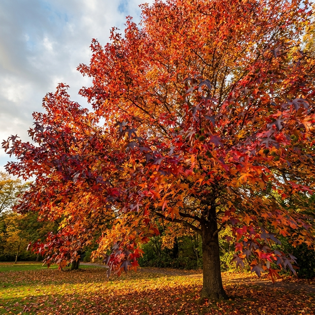 The American Sweetgum (Liquidambar styraciflua) showcases brilliant red, orange, and yellow autumn foliage, creating a striking shade tree perfect for sunny parks.