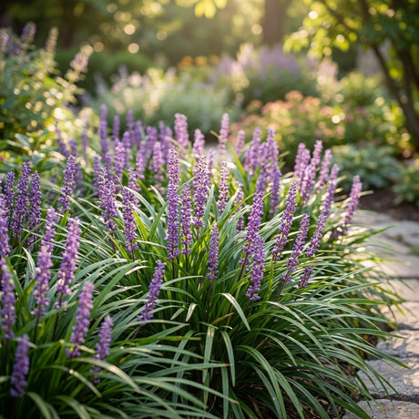 Liriope ‘Amethyst’ (Liriope muscari ‘Amethyst’) displays striking purple flower spikes above green foliage, making it an excellent ground cover for sunlit gardens along stone paths.