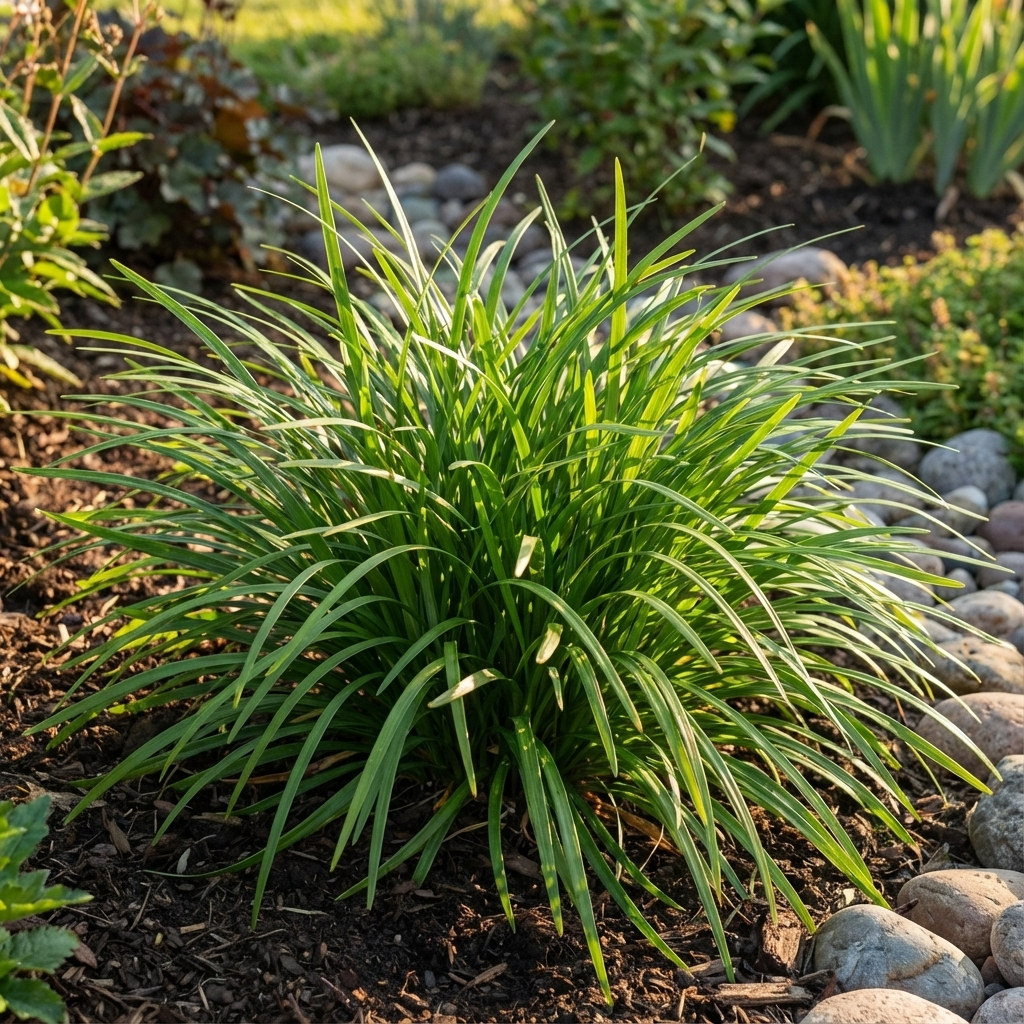 A clump of Liriope ‘Just Right’ (Liriope muscari ‘Just Right’), a compact evergreen groundcover with long, narrow green leaves, thrives as a low-maintenance garden plant in mulched beds.