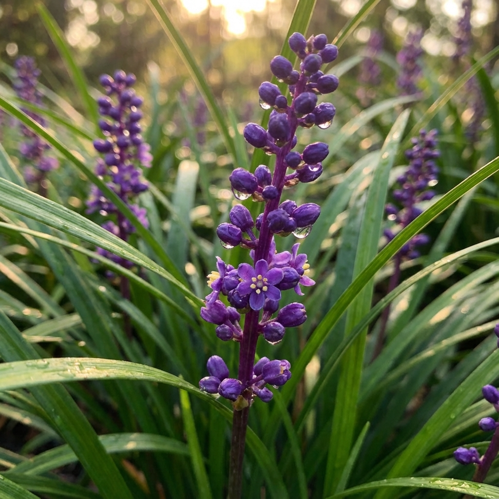 Close-up of Liriope ‘Royal Purple’ (Liriope muscari ‘Royal Purple’), an evergreen ground cover, showing its vibrant purple flower spike among green, grass-like leaves with sunlight in the background.