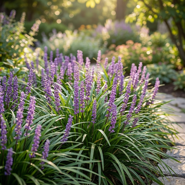 Liriope ‘Amethyst’ (Liriope muscari ‘Amethyst’) with purple flower spikes and green leaves forms a dense, lush ground cover along a sunny garden path in the morning.