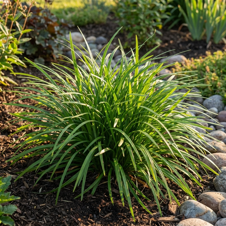 Liriope ‘Just Right’ (Liriope muscari ‘Just Right’) is an attractive, low-maintenance green ornamental grass that thrives in garden beds with rocks and mulch.