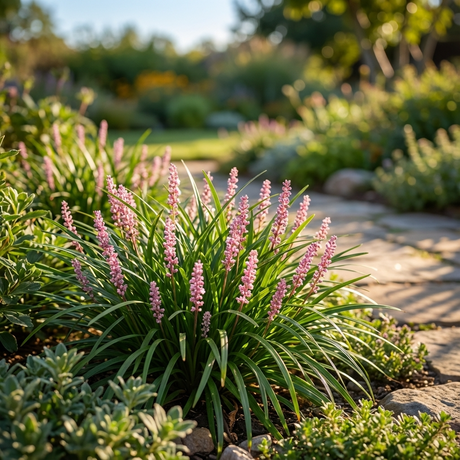 Lush garden with pink blooms and evergreen Samantha Liriope (Liriope muscari 'Samantha') groundcover, showcasing purple flower spikes beside a sunlit stone path.