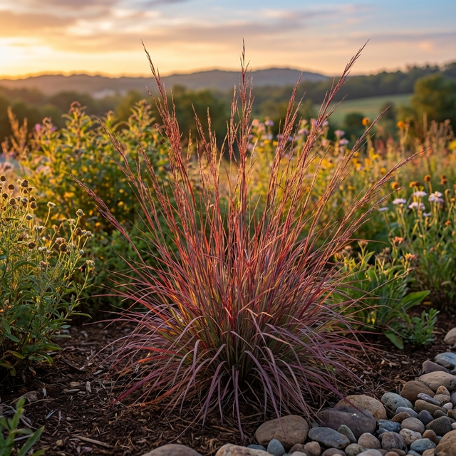 Little Bluestem Grass - Schizachyrium ‘Standing Ovation’ features upright, colorful blades that add striking vertical interest to gardens, especially at sunset amidst blooming flowers and stones.
