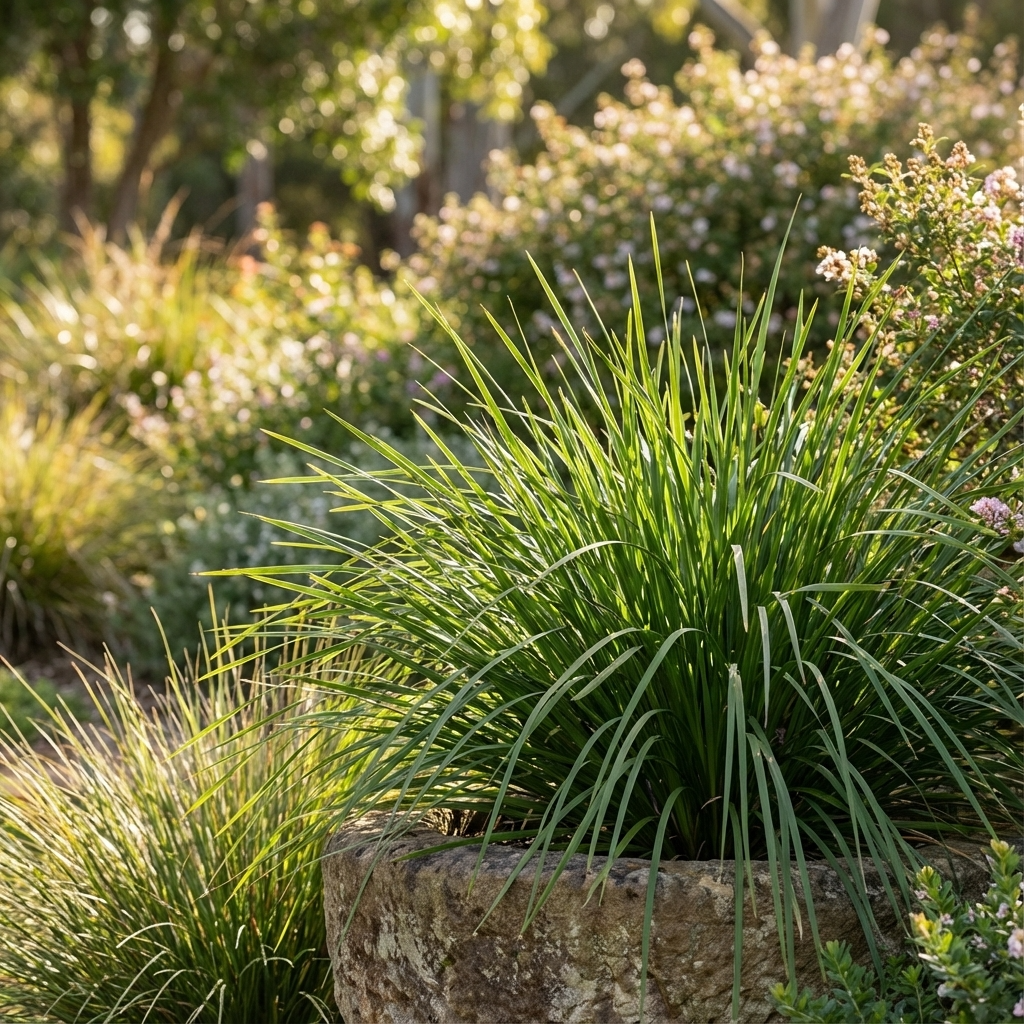 A large potted ornamental grass, such as Little Cricket Lomandra - Lomandra hystrix 'Little Cricket', thrives in a sunny, lush garden with greenery and flowers—an ideal choice for low maintenance landscaping.