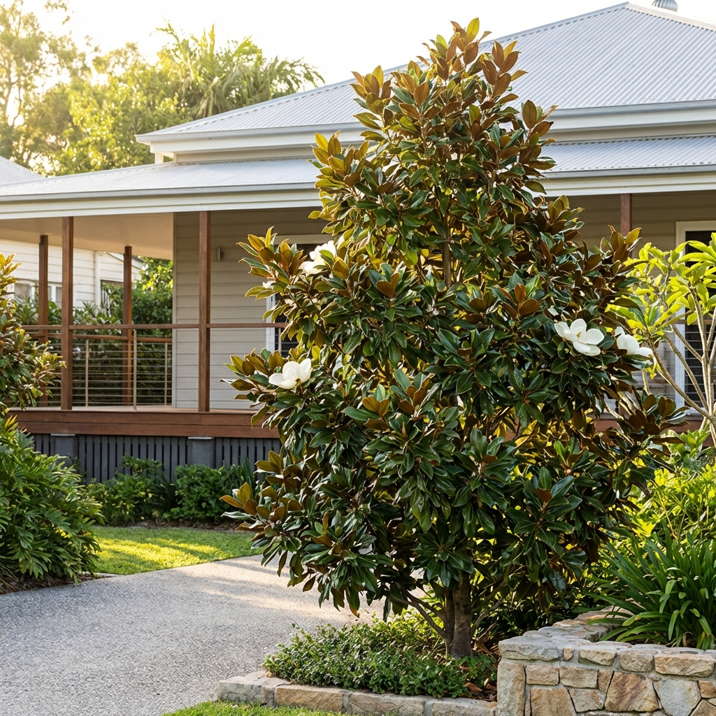 The Little Gem Magnolia (Magnolia grandiflora 'Little Gem'), a compact evergreen with white blooms, adorns the garden in front of a porch surrounded by lush greenery.