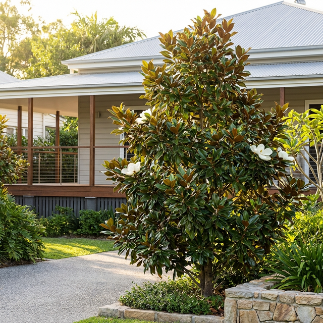 The Little Gem Magnolia (Magnolia grandiflora 'Little Gem'), a compact evergreen with white blooms, adorns the garden in front of a porch surrounded by lush greenery.